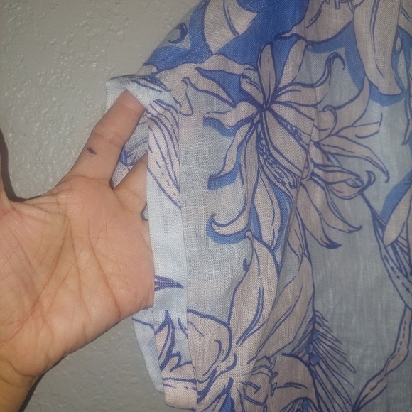 Halston Linen Women Large Top Shirt Tunic Blouse Blue Floral Button Down - Picture 4 of 5